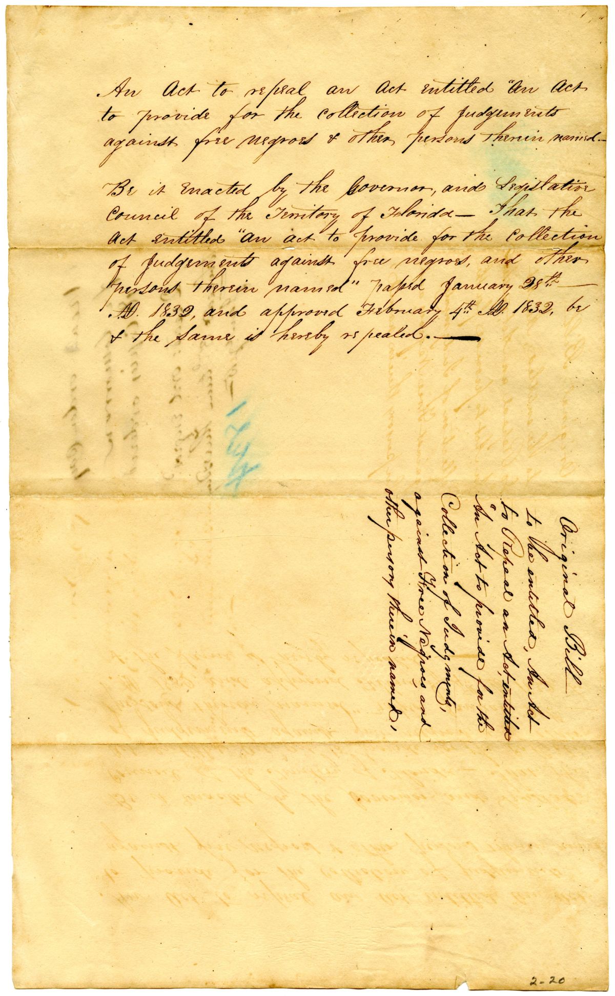 Draft of an Act to Repeal an Act to Provide for the Collection of Judgments Against Free People of Color, 1834