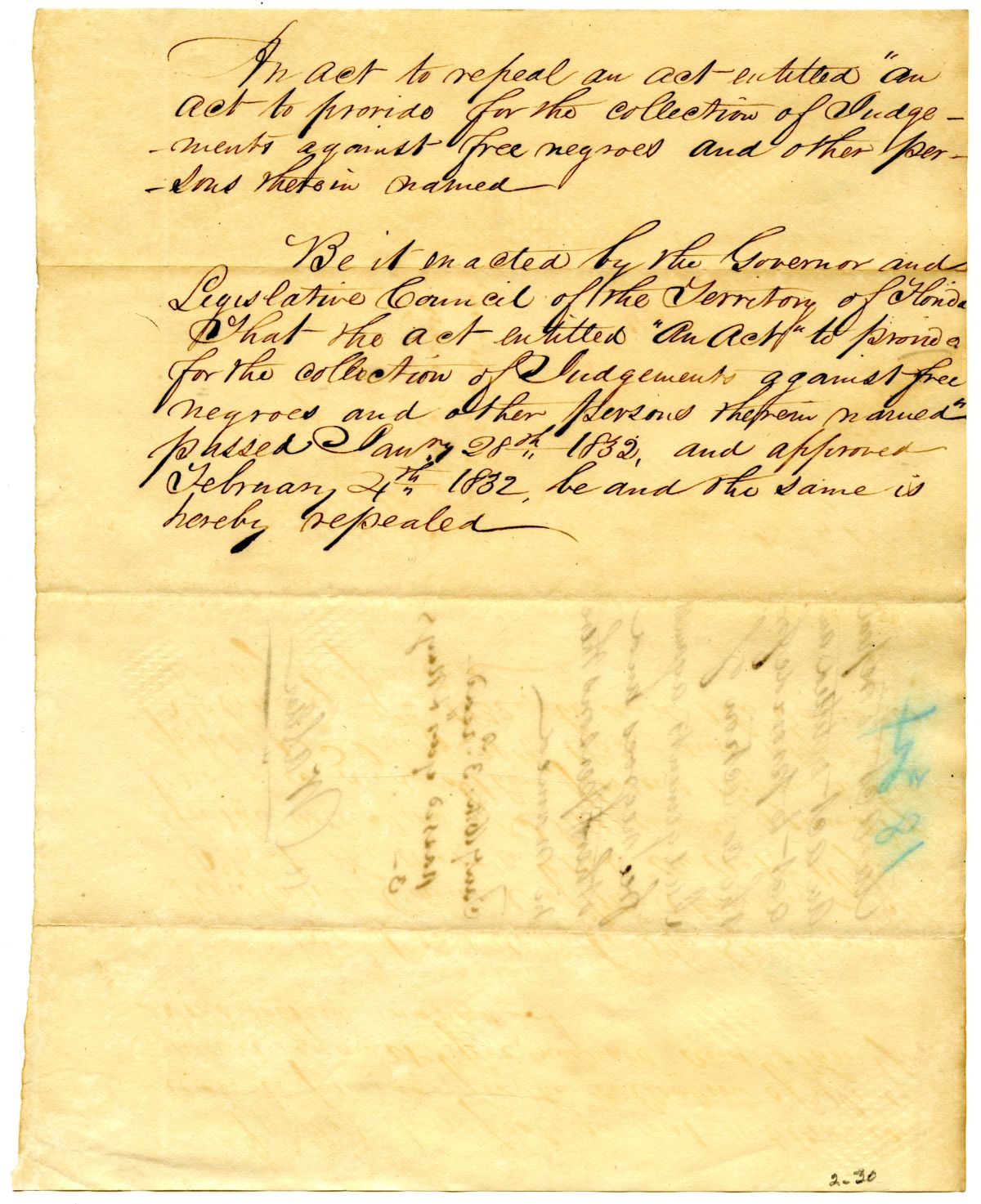 Draft of an Act to Repeal an Act to Provide for the Collection of Judgments Against Free People of Color, 1834