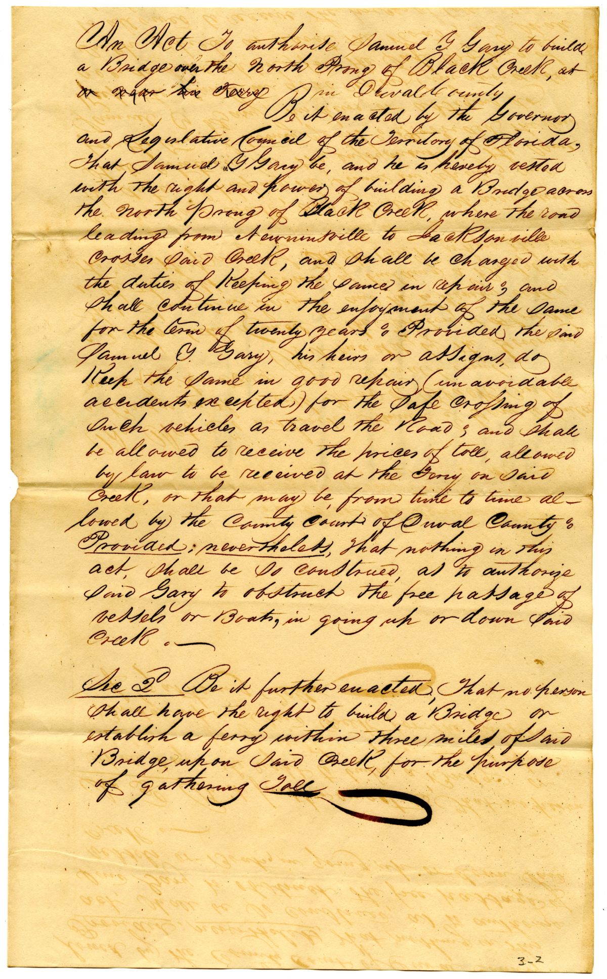 Draft of an Act to Authorize Samuel Y. Garey to Build a Bridge over Black Creek, 1834