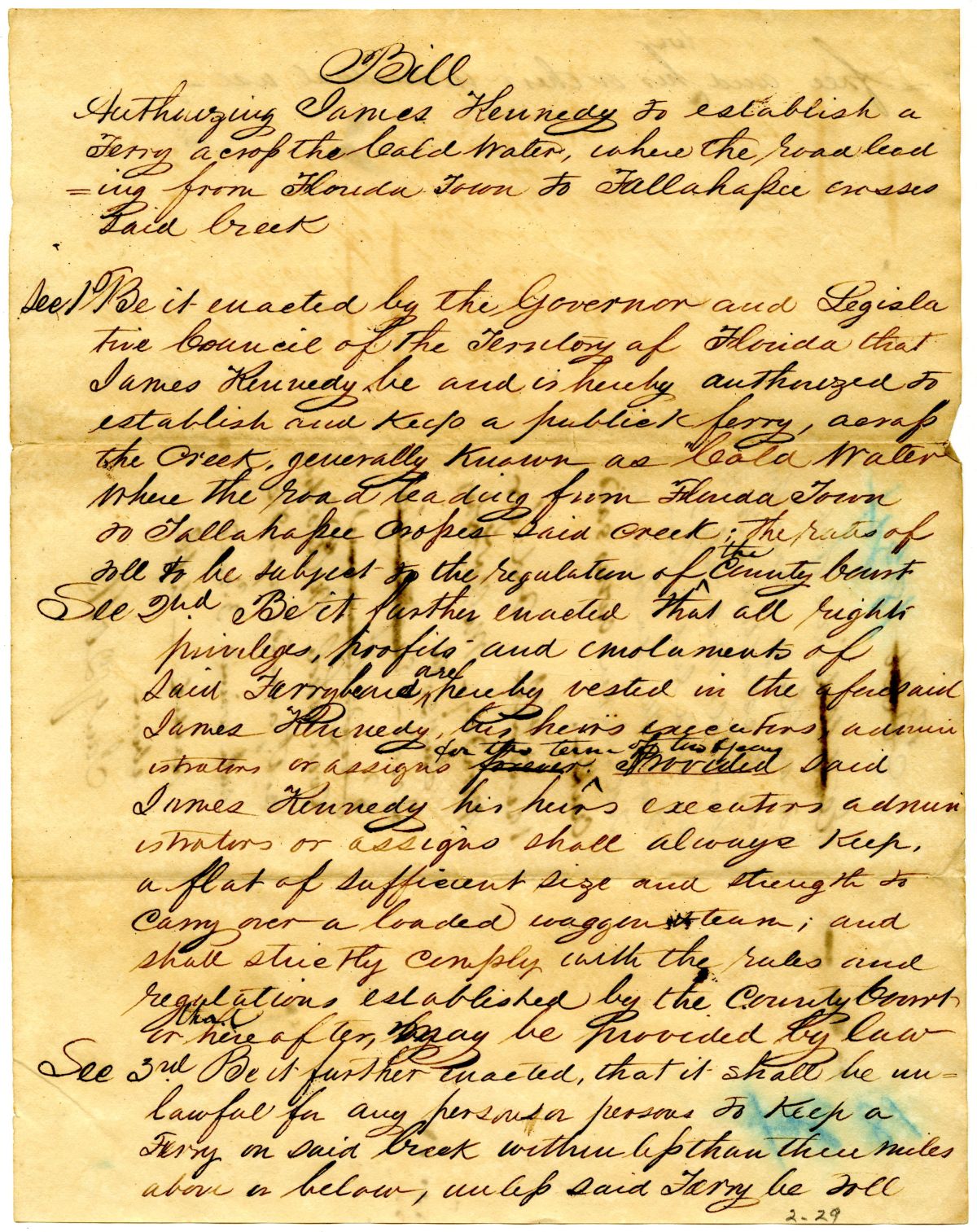 Draft of an Act to Authorize James Kennedy to Establish a Ferry Across the Cold Water, 1834