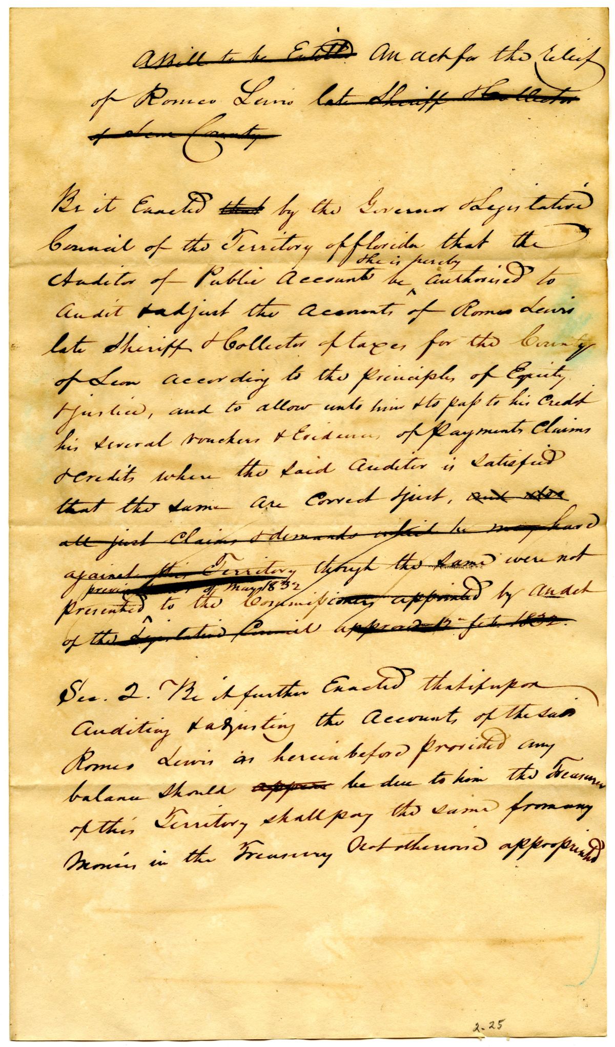 Draft of an Act for the Relief of Romeo Lewis, 1834