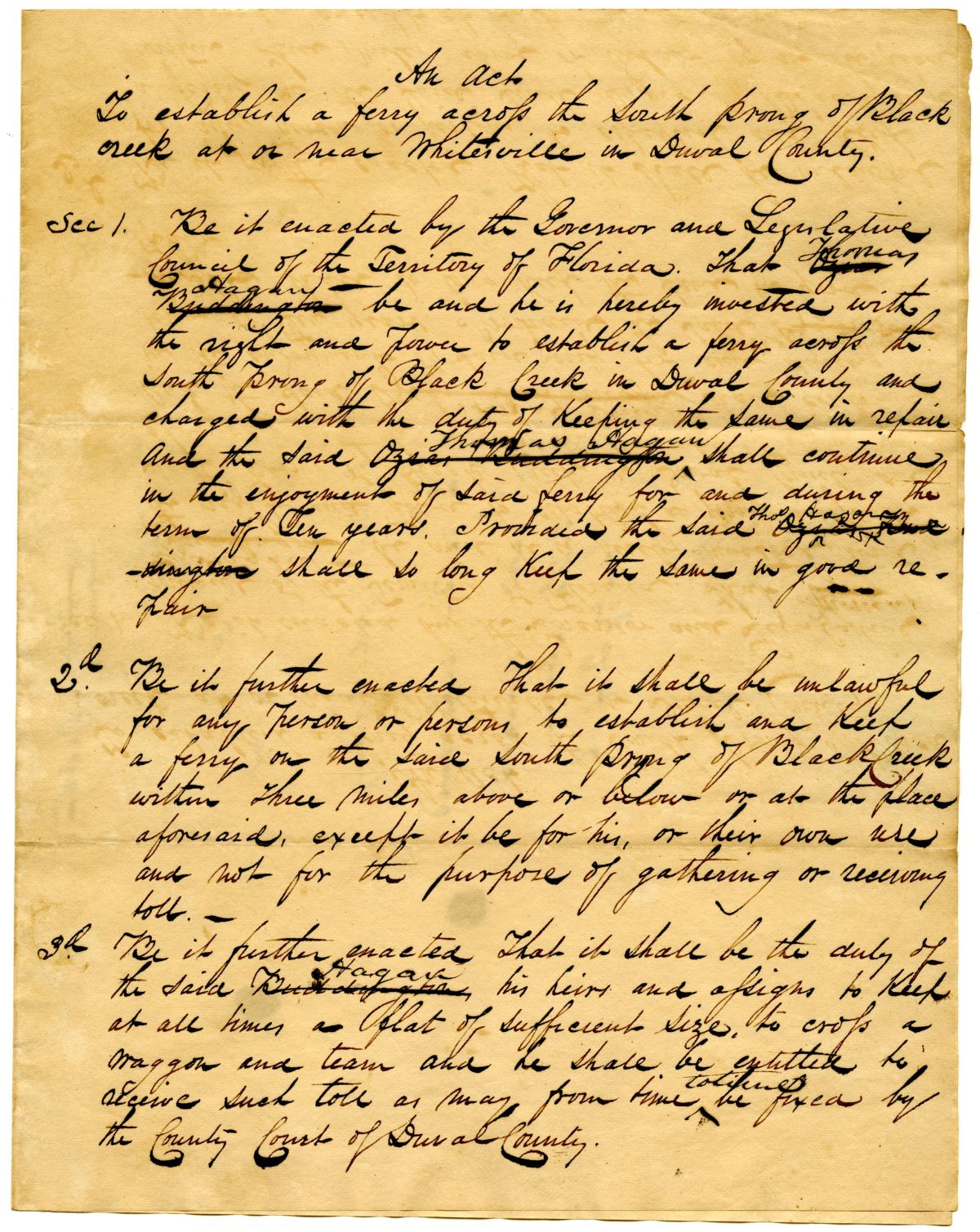 Draft of an Act to Establish a Ferry Across the South Prong of Black Creek, 1834