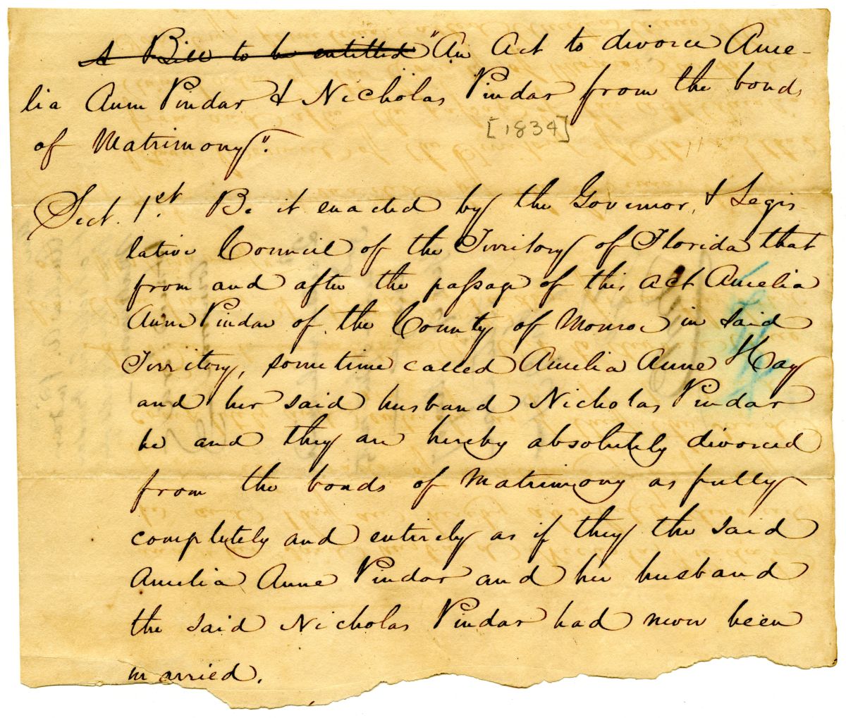 Draft of an Act to Divorce Amelia and Nicholas Pinder, circa 1834