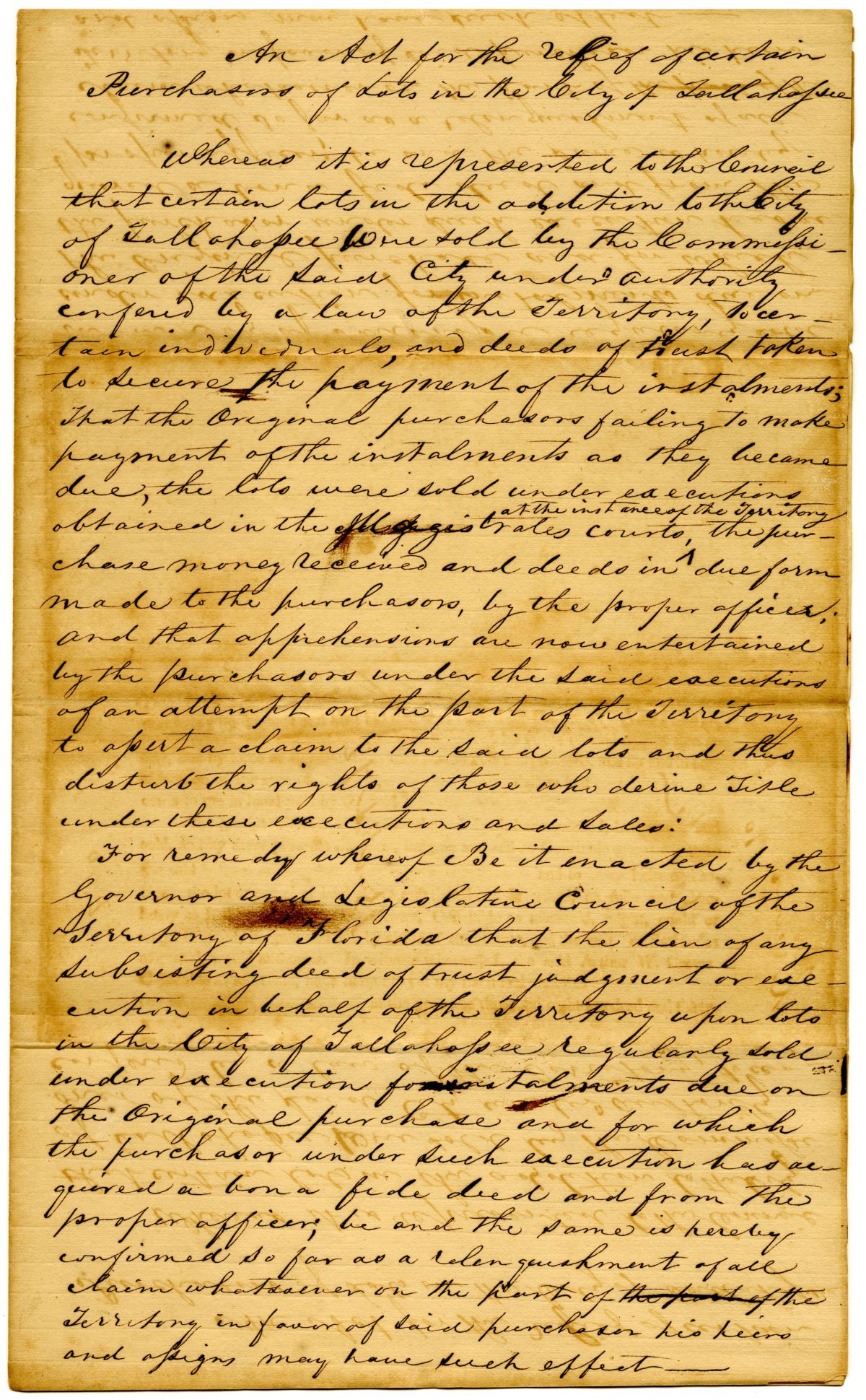 Draft of an Act for the Relief of Certain Purchasers of Lots in the City of Tallahassee, 1836