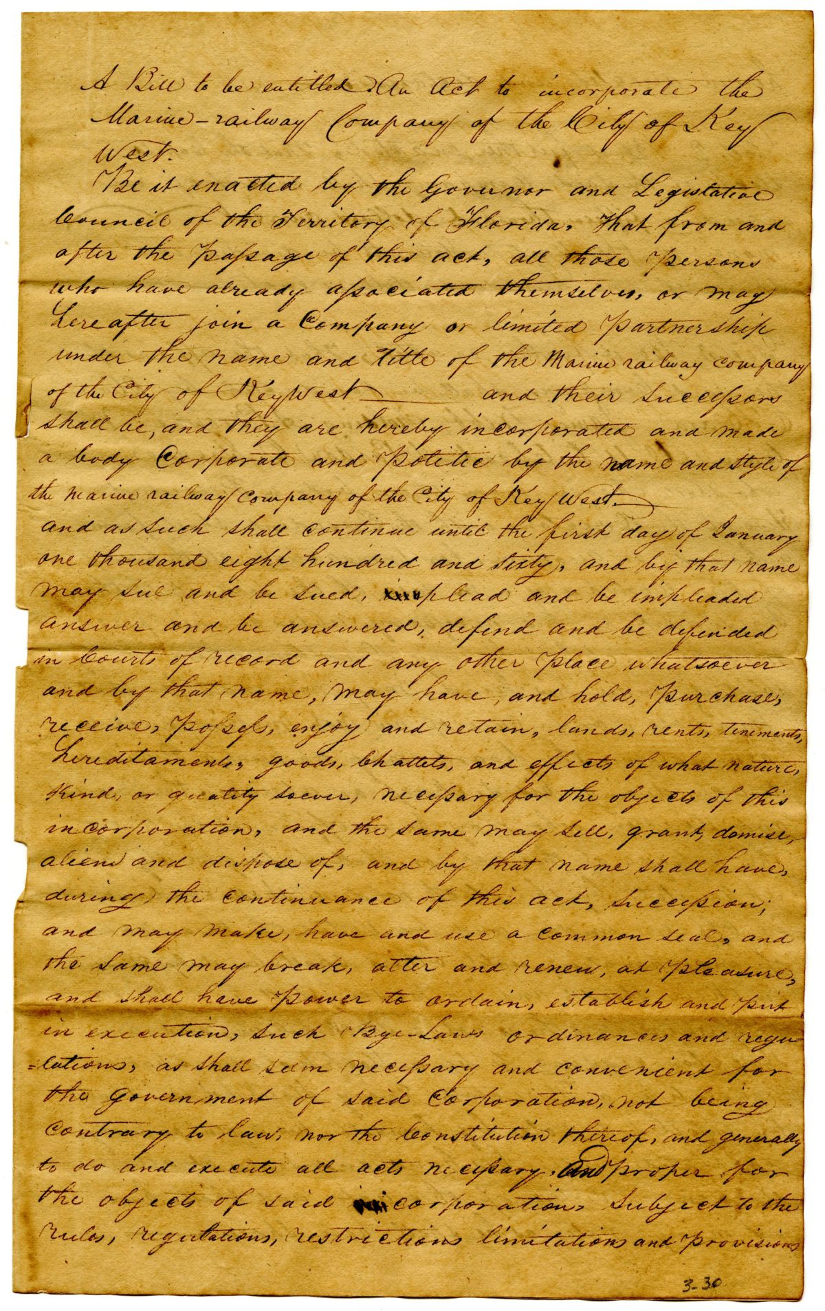 Draft of an Act to Incorporate the Marine Railway Company of the City of Key West, 1834