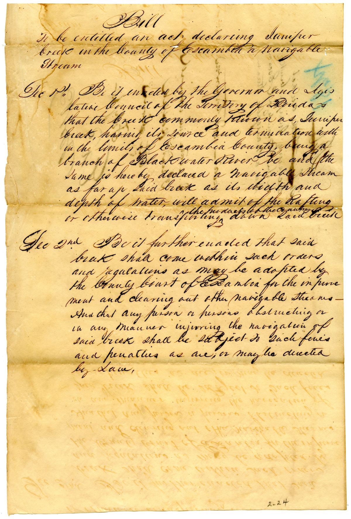 Draft of an Act to Declare Juniper Creek in Escambia County a Navigable Stream, 1834