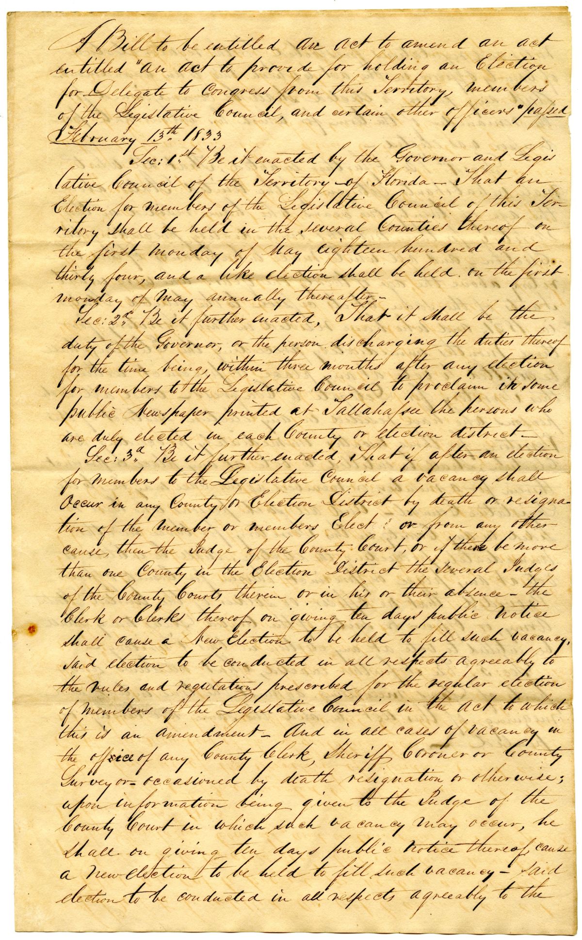 Draft of an Act to Amend an Act to Provide for the Election of Delegate in Congress and Other Officials, 1834