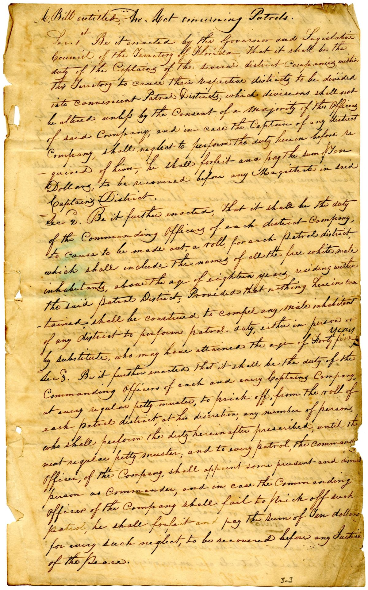 Draft of an Act Concerning Slave Patrols, 1834