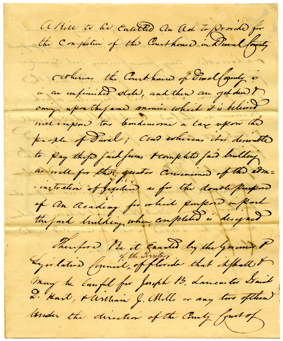 Draft of an Act to Provide for the Completion of the Courthouse in Duval County, 1834