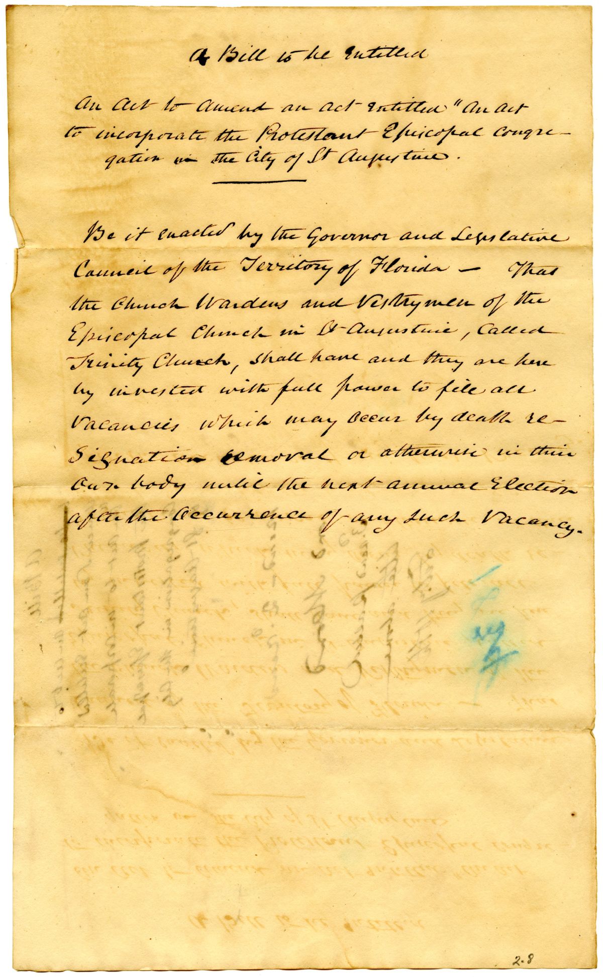 Draft of an Act to Amend an Act to Incorporate the Protestant Episcopal Congregation of Saint Augustine, 1834