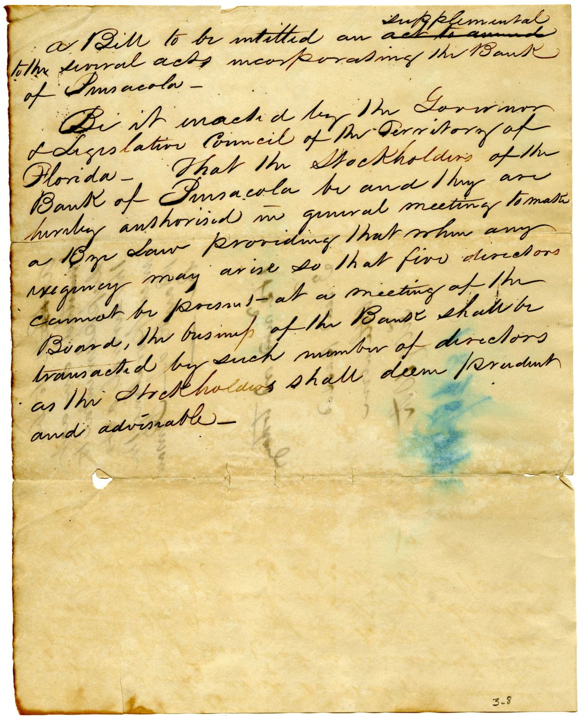 Draft of an Act Supplemental to the Several Acts Incorporating the Bank of Pensacola, 1834