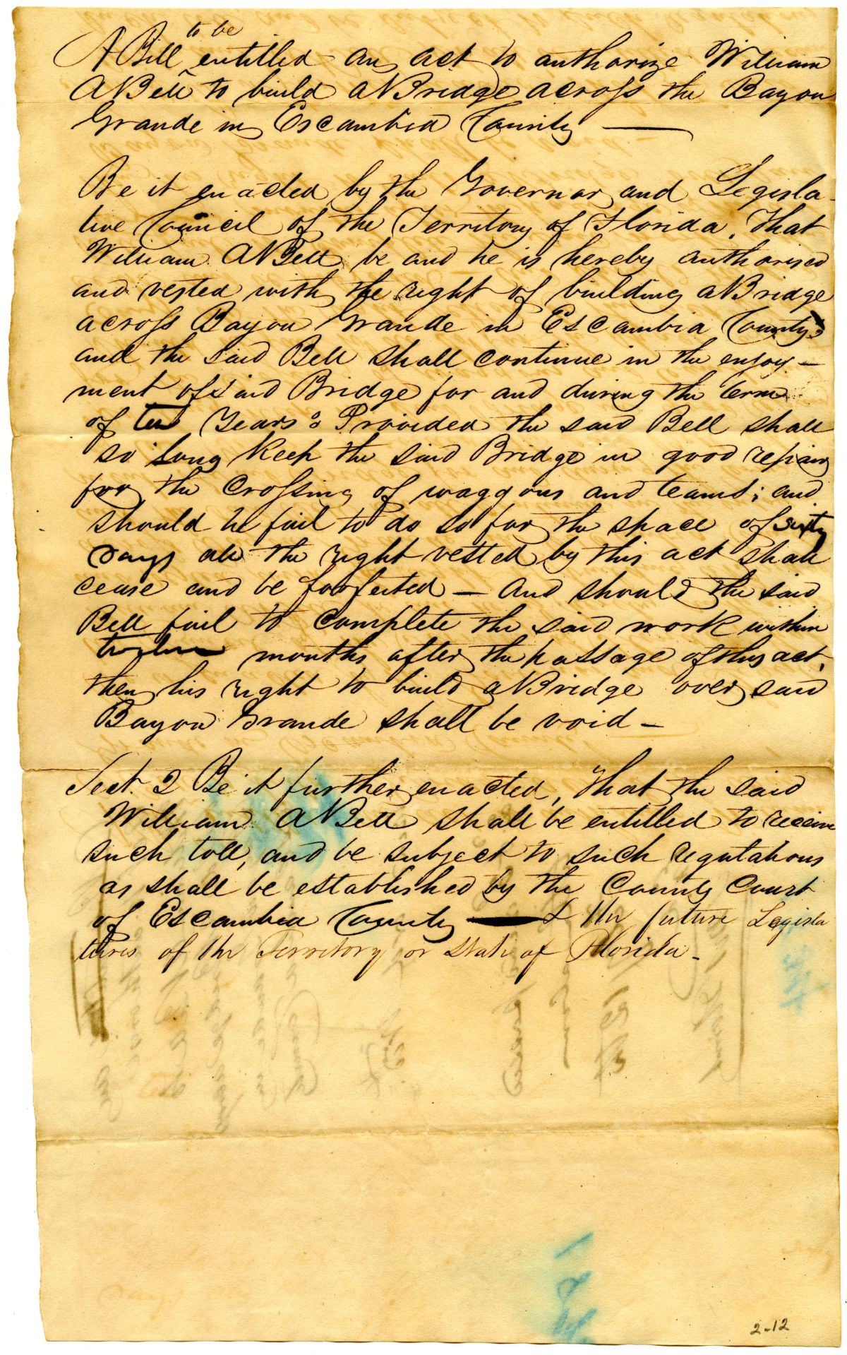 Draft of an Act to Authorize William A. Bell to Build a Bridge Across Bayou Grande in Escambia County, 1834