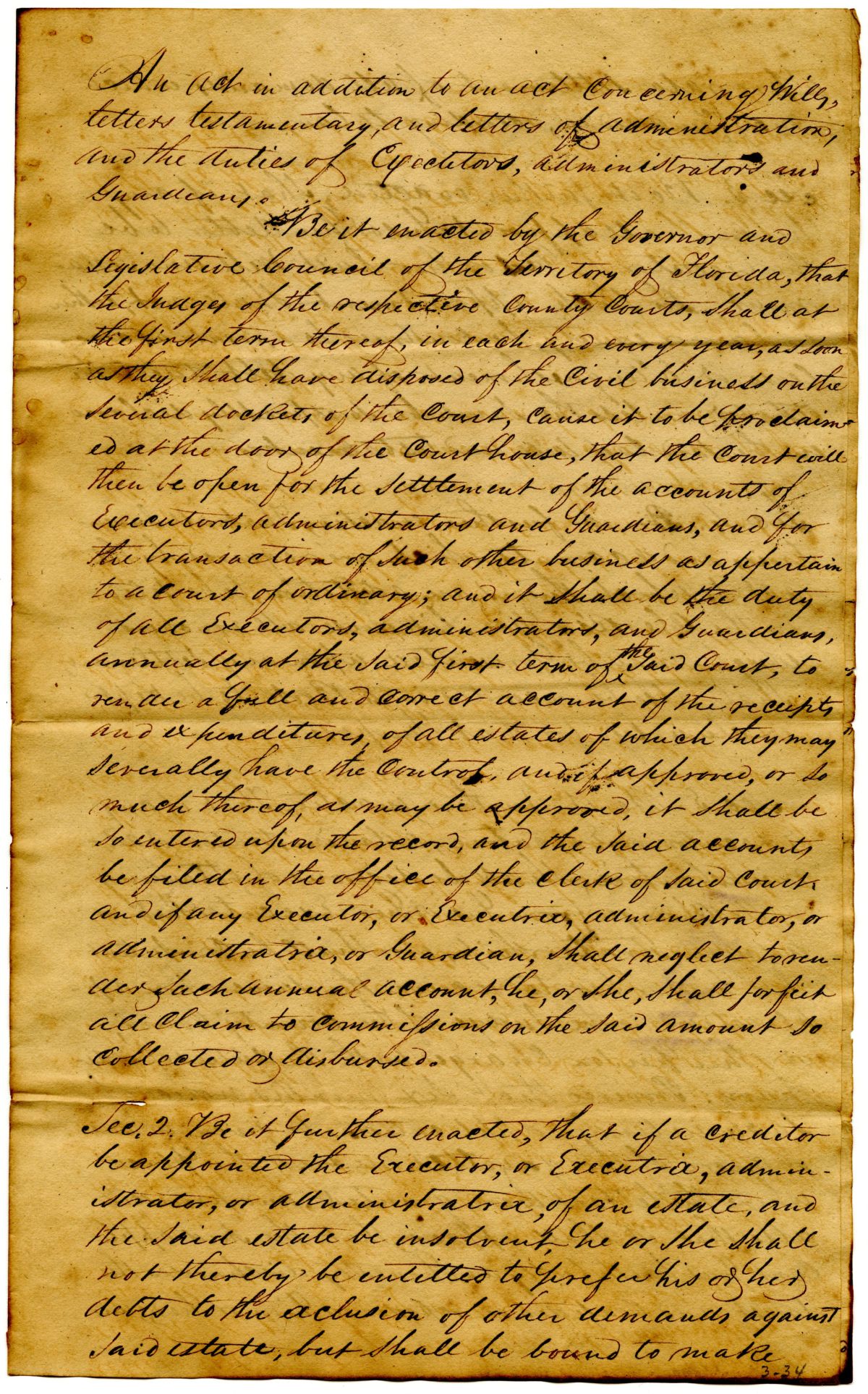 Draft of an Act in Addition to an Act Concerning Wills, Letters Testamentary and the Duties of Executors, 1834