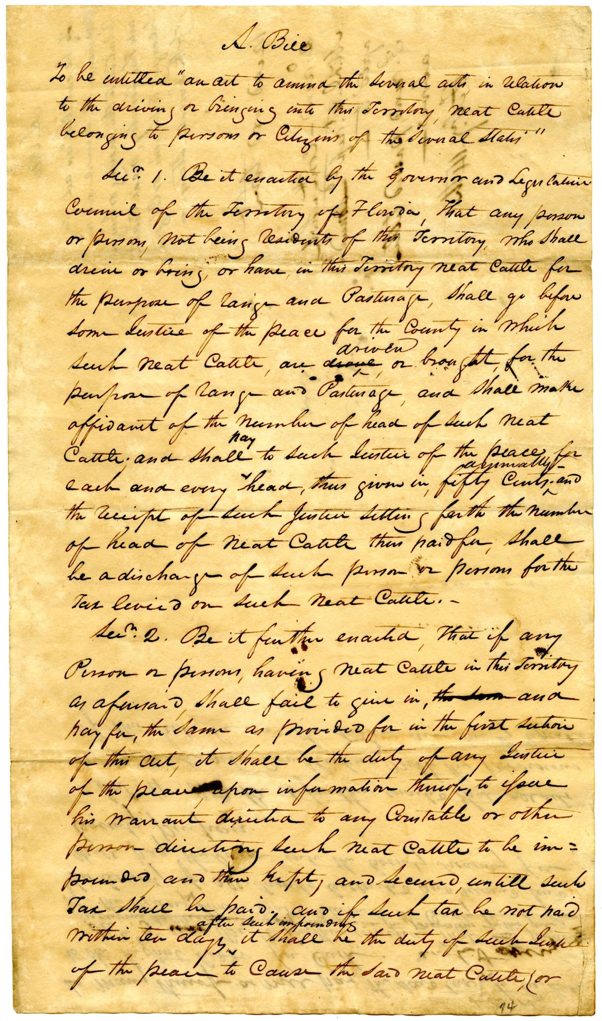 Draft of an Act to Amend Acts in Relation to Driving or Bringing Neat Cattle into the Territory, 1834