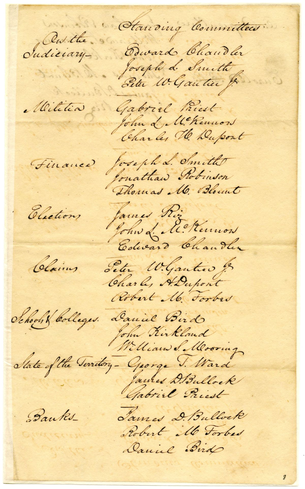 Standing Committees of the Florida Territorial Legislative Council, 1834