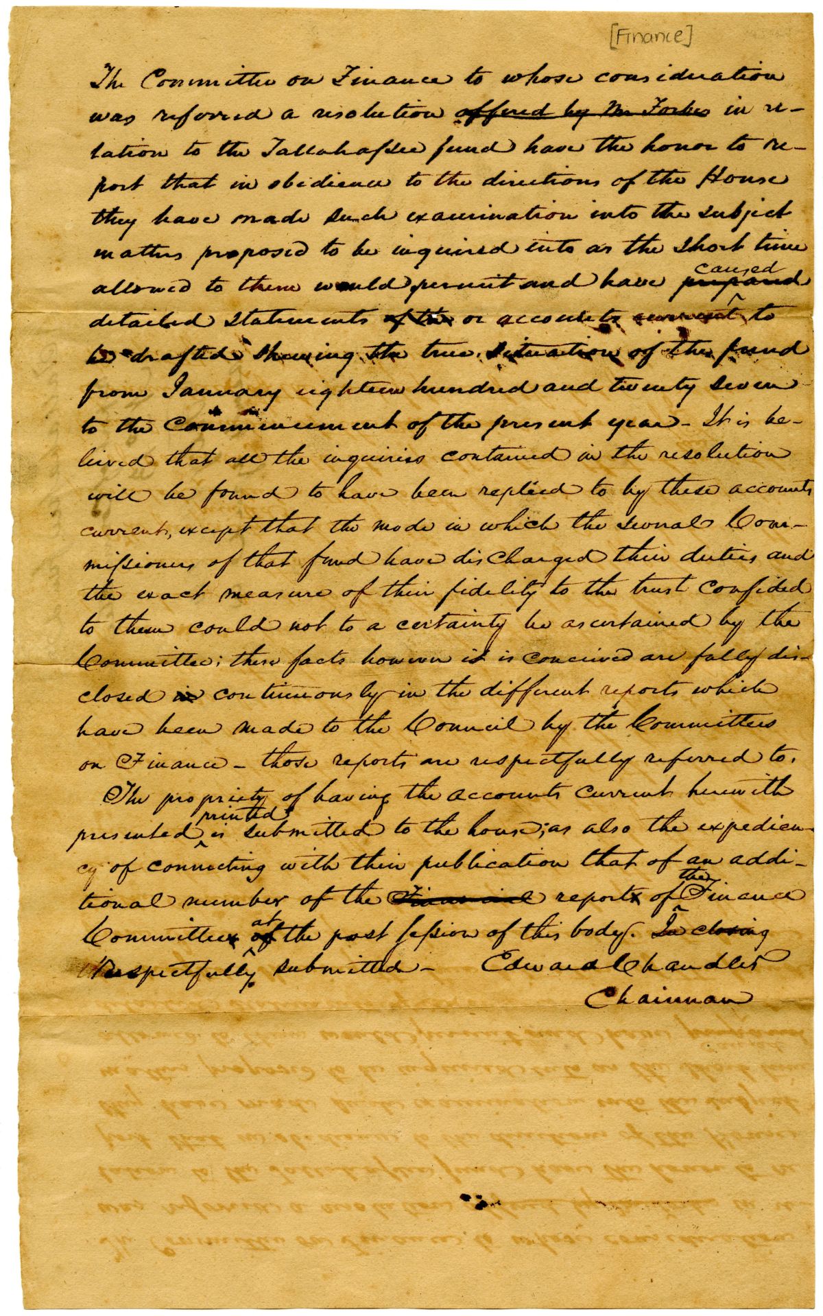 Report of the Committee on Finance Concerning the Tallahassee Fund, 1834