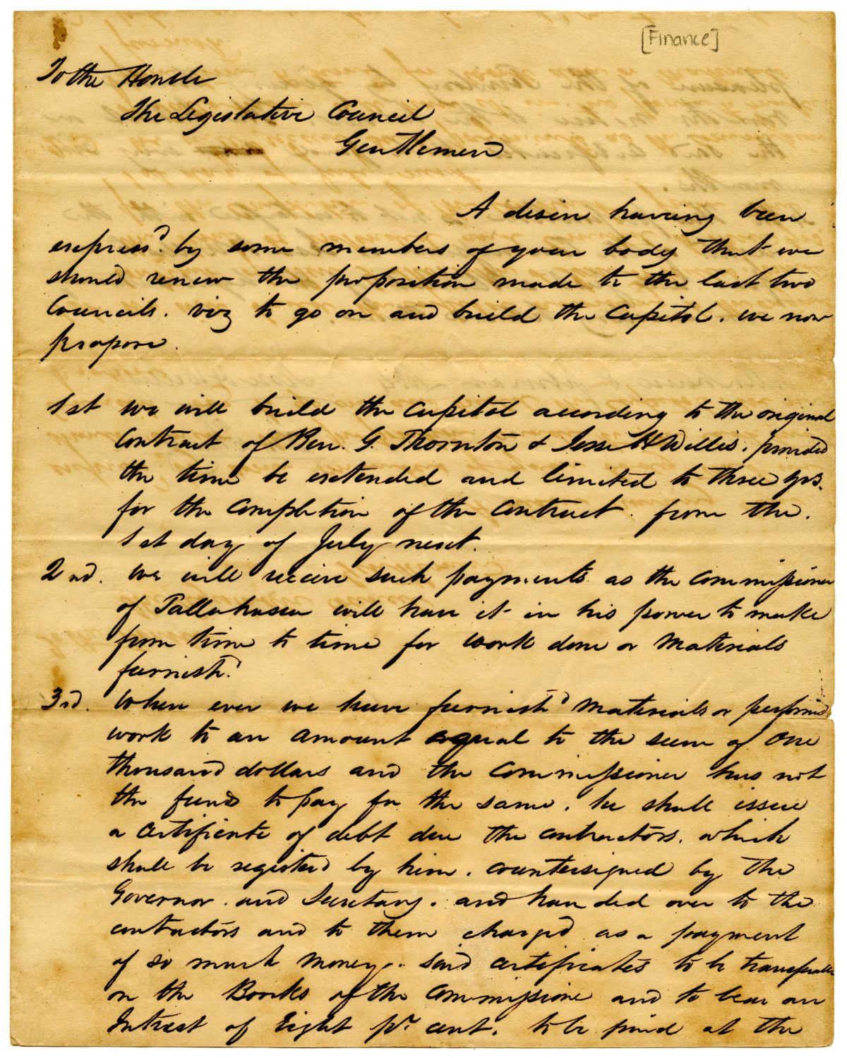 Proposition of Jesse H. Willis and Benjamin Chaires to Build the Capitol, 1834