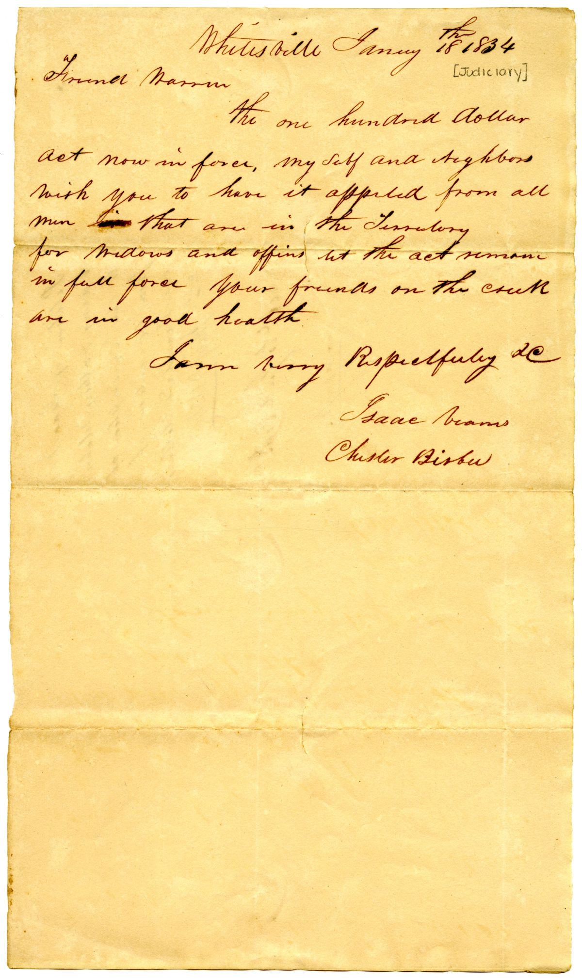 Letter to John Warren from Isaac Barns and Chester Bisbee Requesting Changes to Legislation, 1834