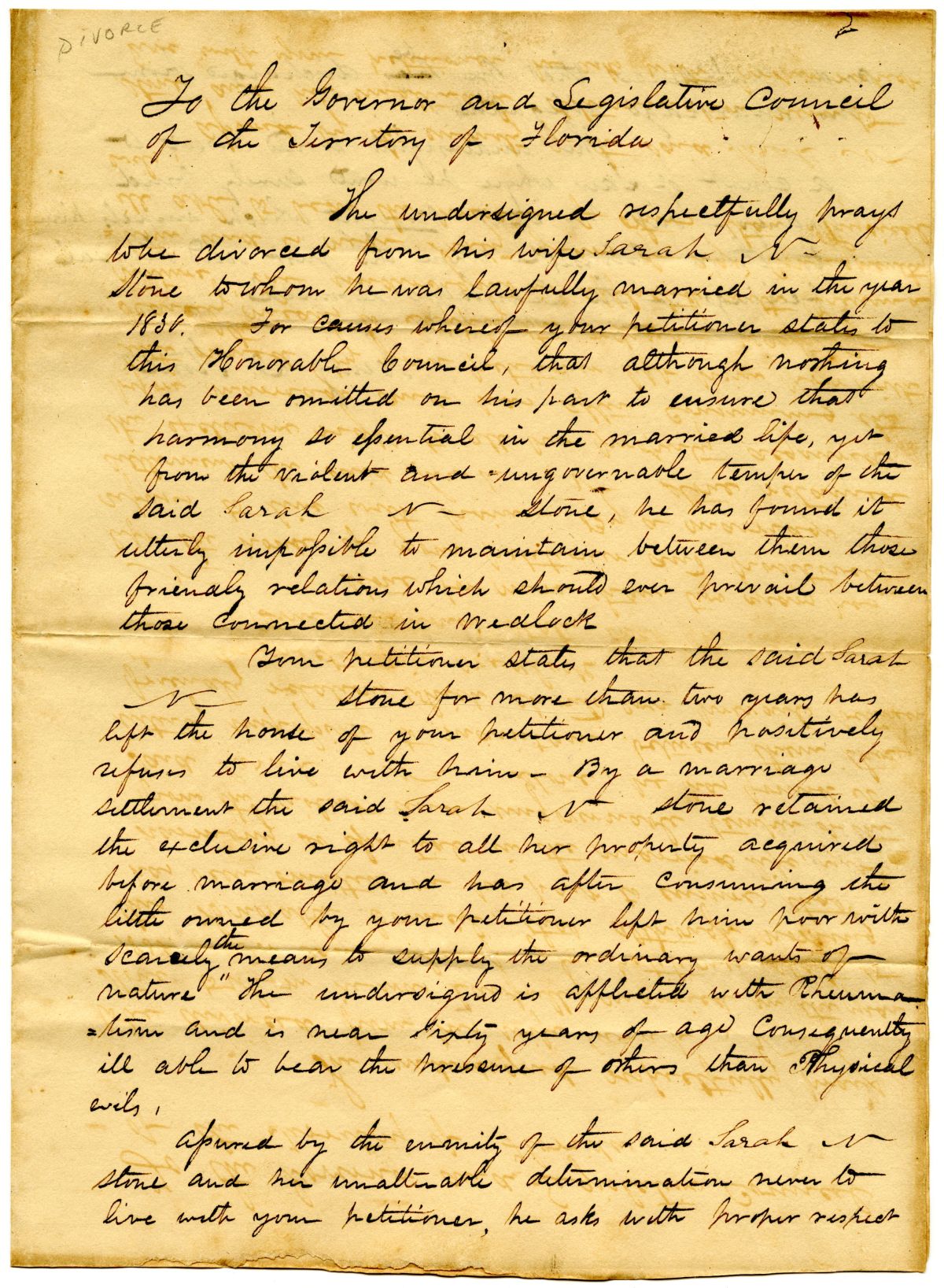 Divorce Petition of Henry D. Stone, 1834