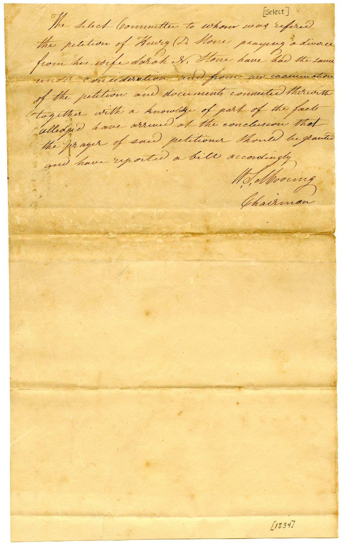 Report of the Select Committee Concerning the Divorce Petition of Henry D. Stone, 1834