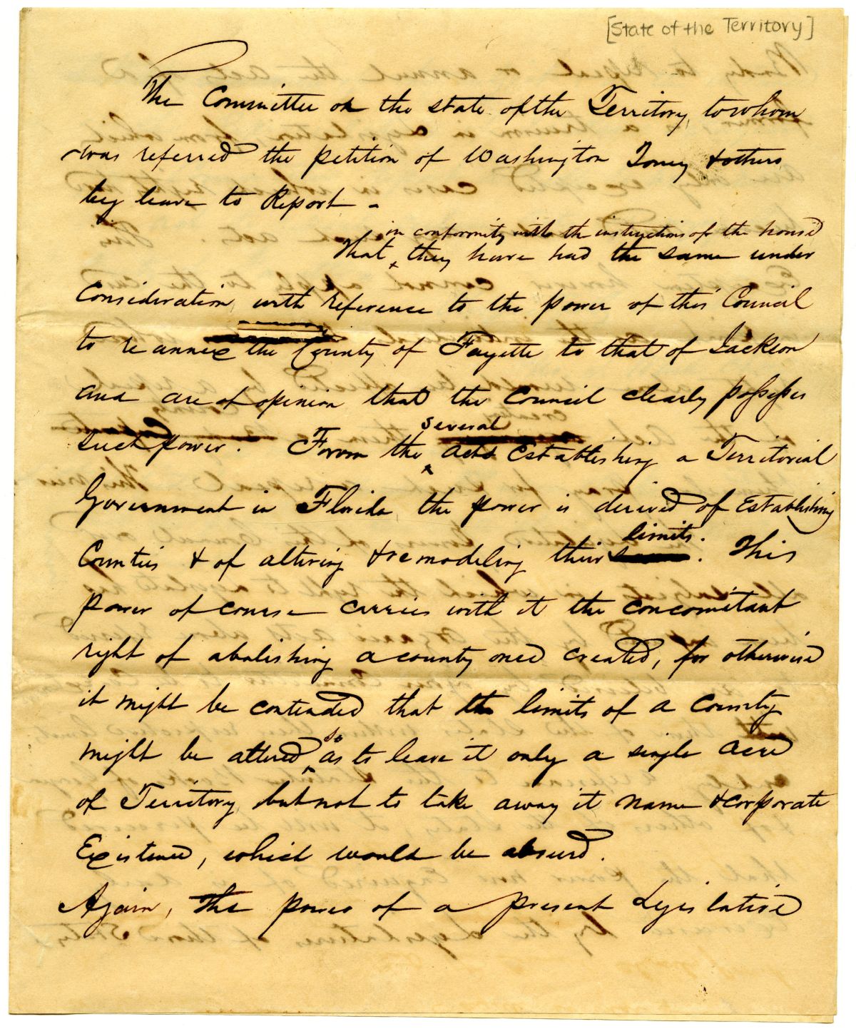 Report of the Committee on the State of the Territory Concerning a Petition on Fayette County, 1834