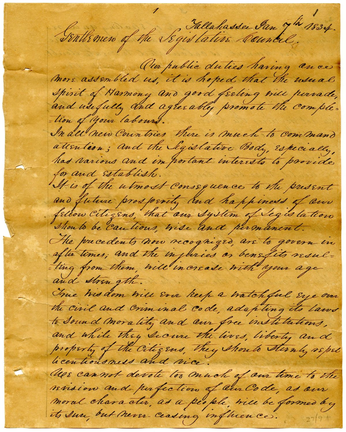 Message from Governor William Pope Duval to the Territorial Legislative Council, 1834