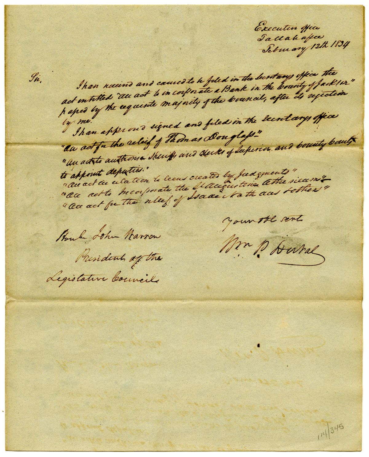 Letter from Governor William Pope Duval to the President of the Territorial Legislative Council Concerning Approved Bills, 1834