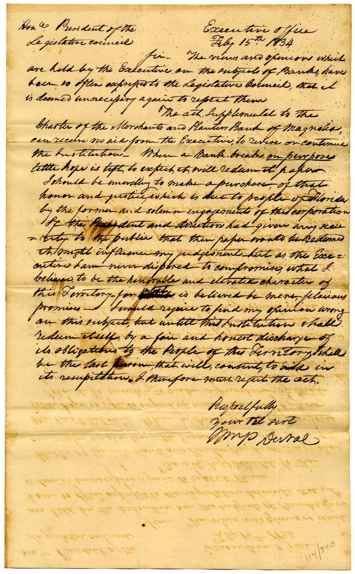 Letter from Governor William Pope Duval to the President of the Territorial Legislative Council Rejecting an Act for the Relief of a Bank, 1834