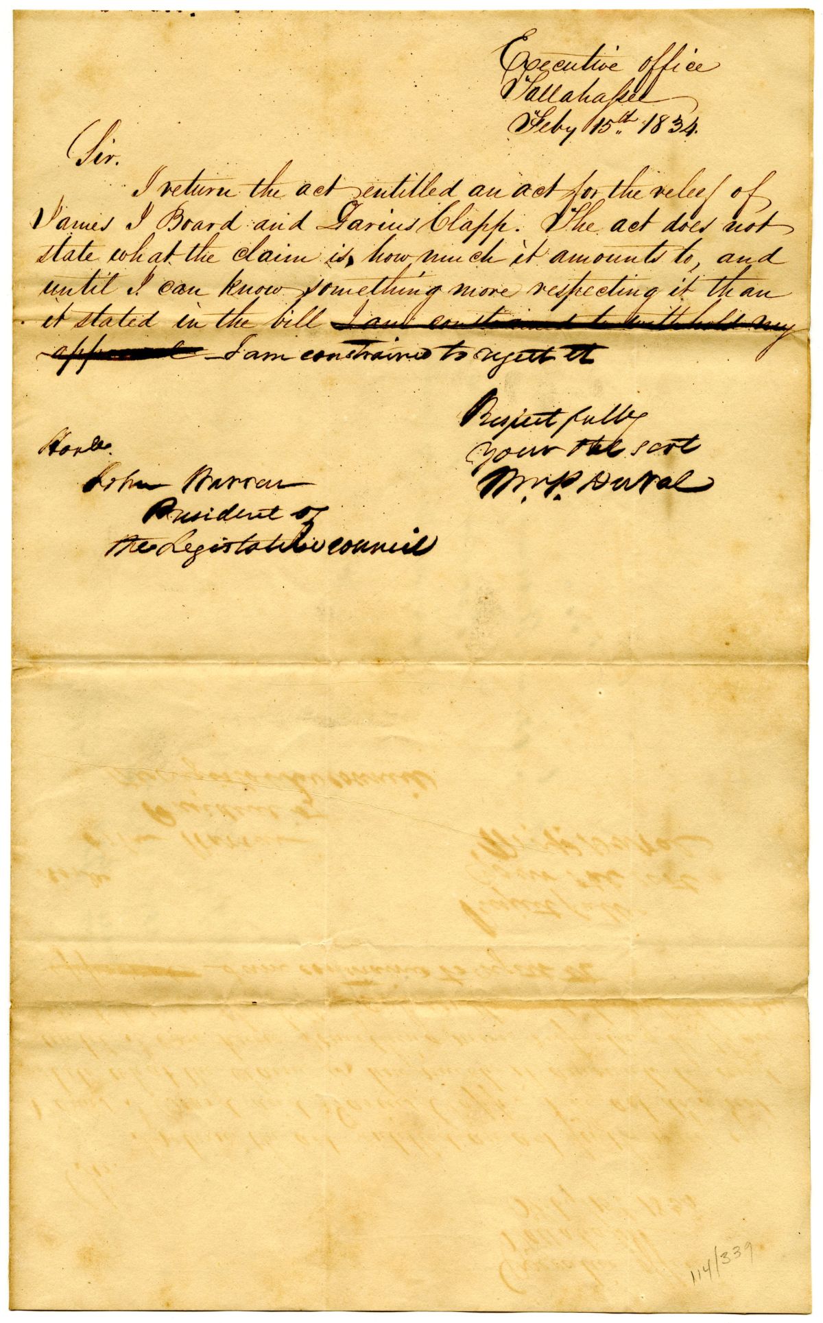 Letter from Governor William Pope Duval to the President of the Territorial Legislative Council Returning a Relief Act, 1834