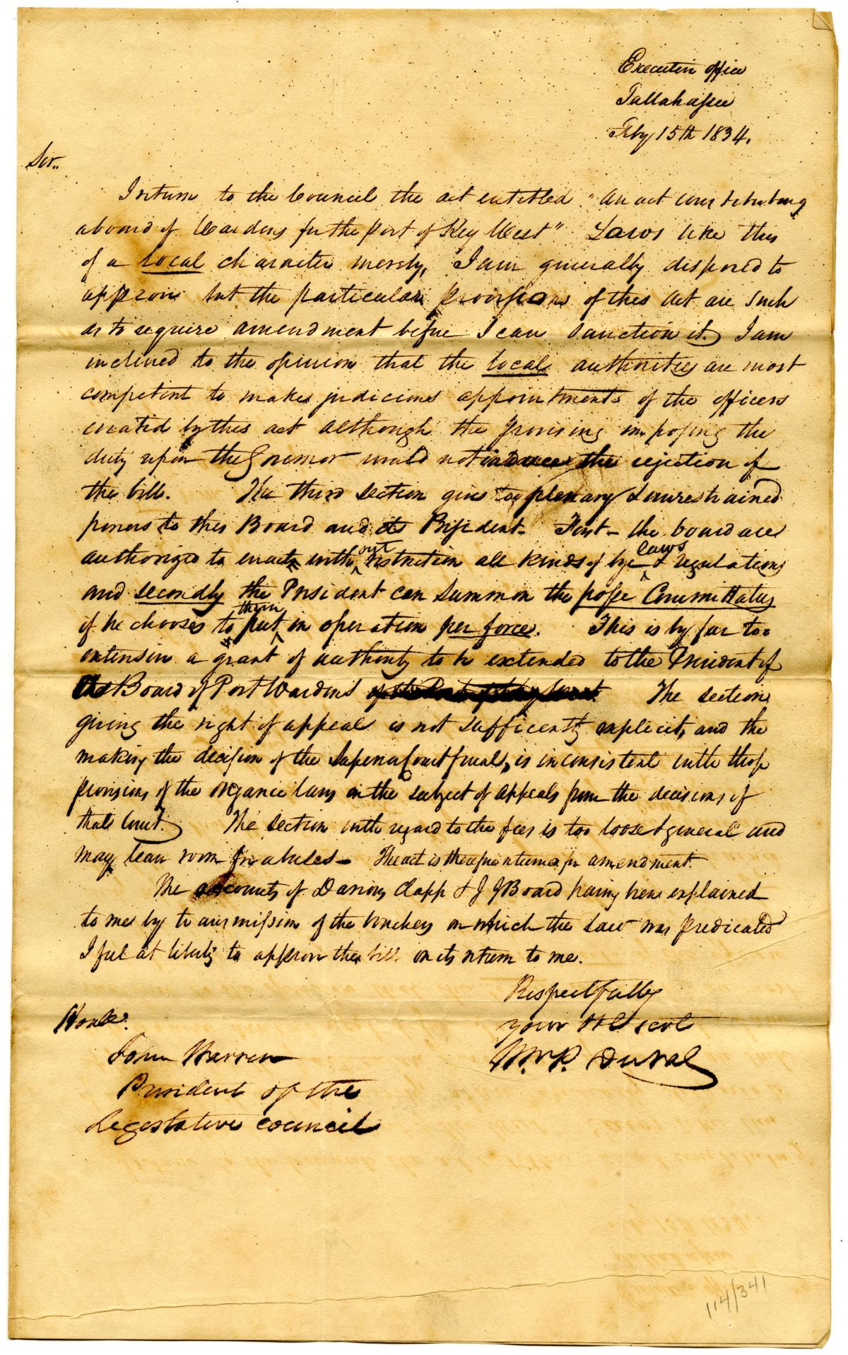 Letter from Governor William Pope Duval to the President of the Territorial Legislative Council Returning a Bill on Port Wardens of Key West, 1834