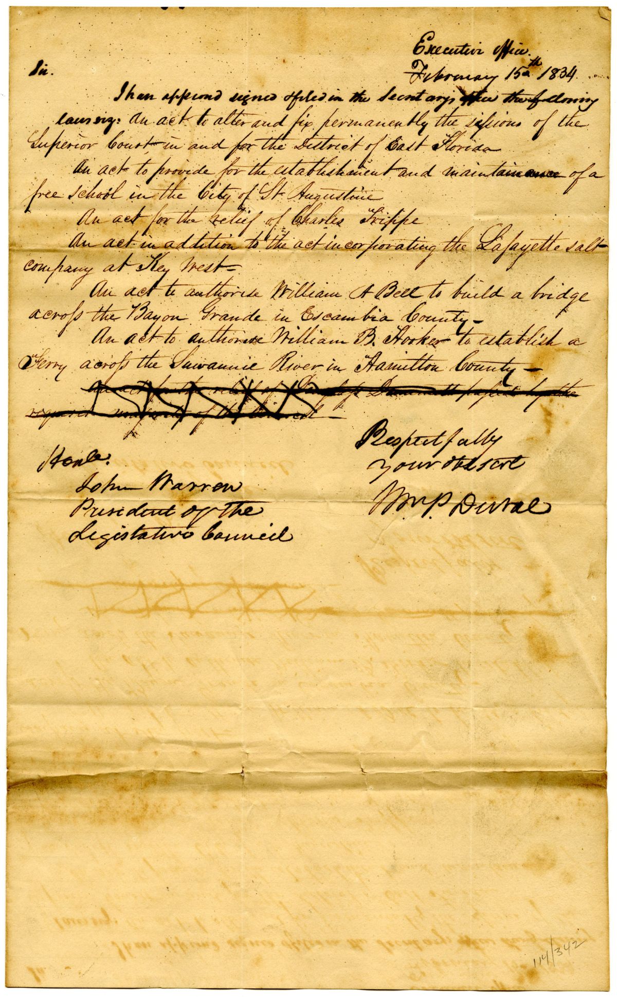 Letter from Governor William Pope Duval to the President of the Territorial Legislative Council Approving Several Bills, 1834