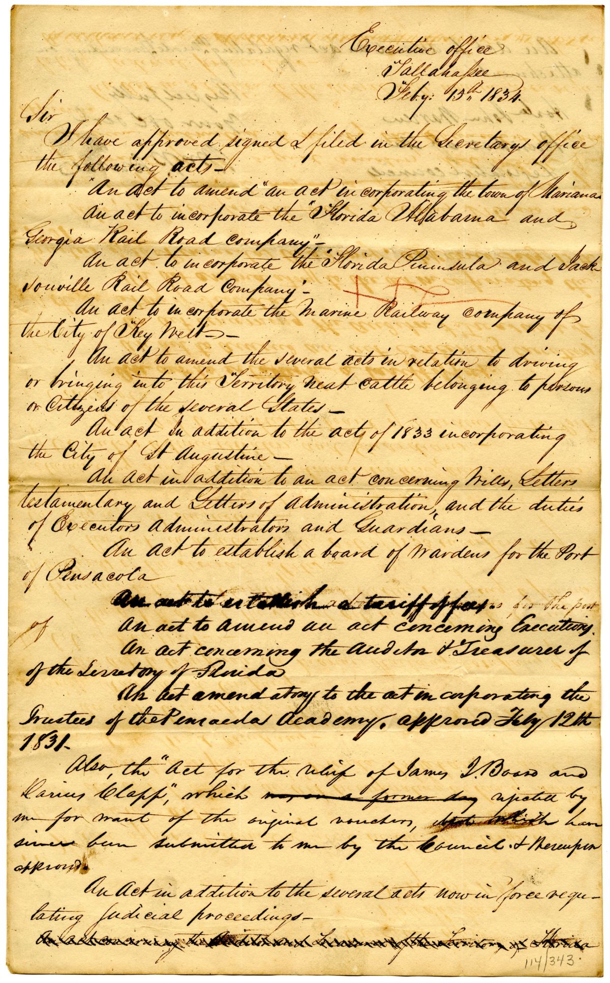 Letter from Governor William Pope Duval to the President of the Territorial Legislative Council Informing Him of Approved Bills, 1834