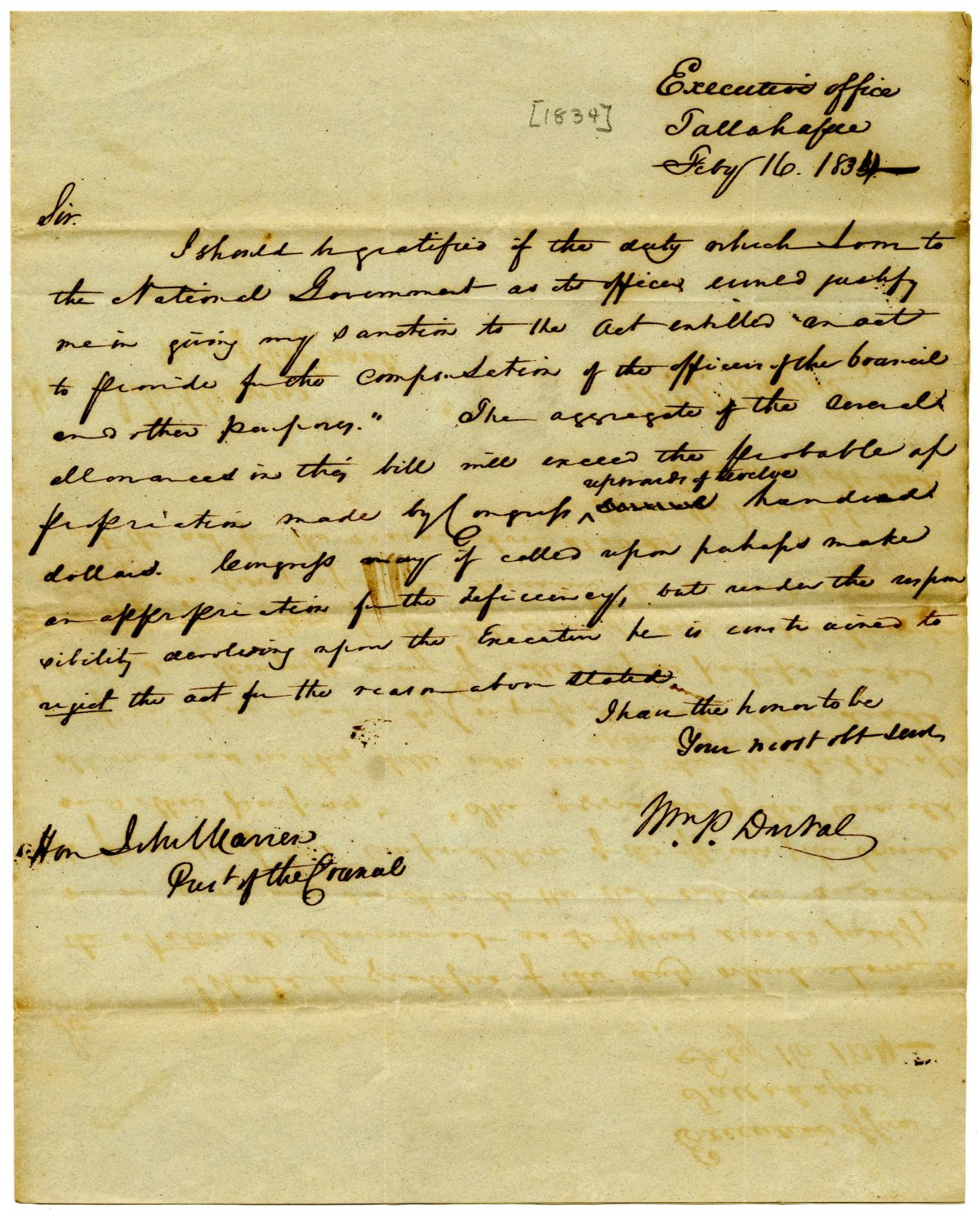 Letter from Governor William Pope Duval to the President of the Territorial Legislative Council Rejecting an Act Providing Compensation for Officers of the Council, 1834