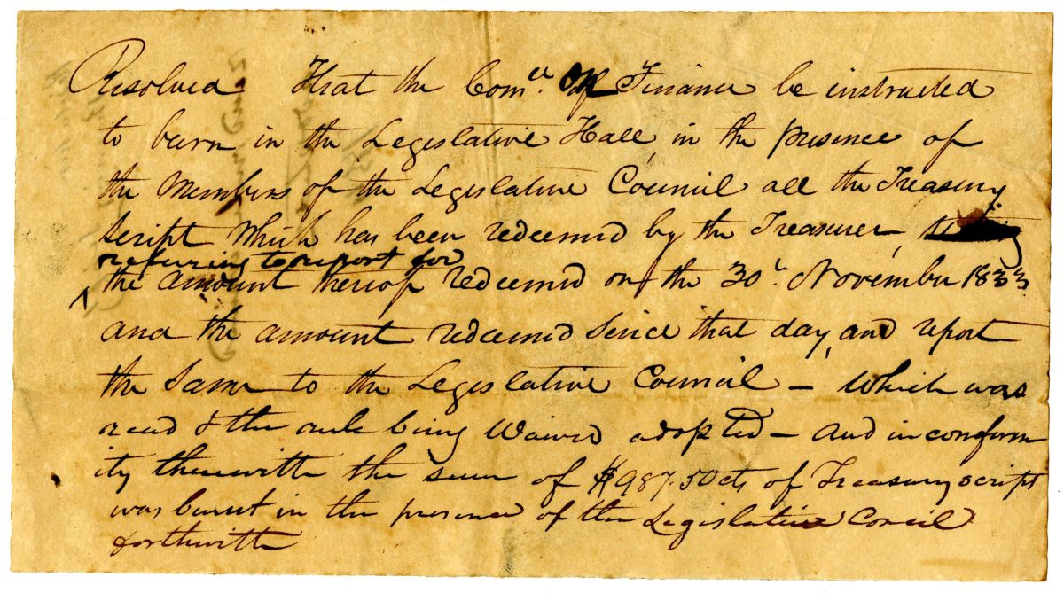 Resolution Directing the Committee on Finance to Burn Redeemed Treasury Scrip, 1834