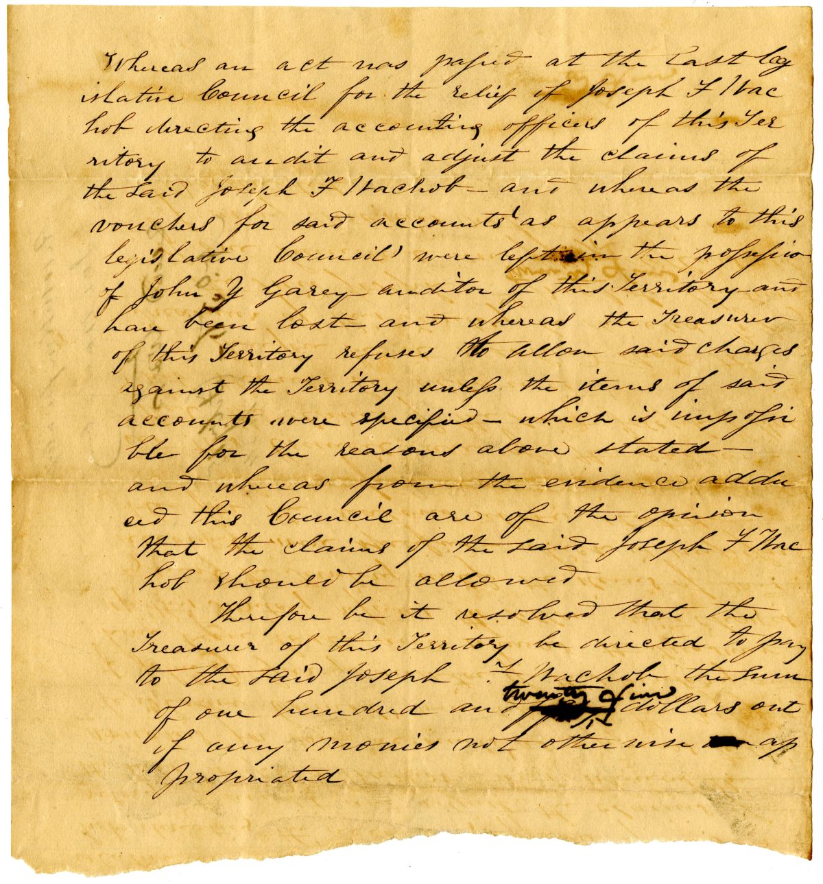 Resolution Directing the Treasurer to Pay Joseph F. Wachob, 1834