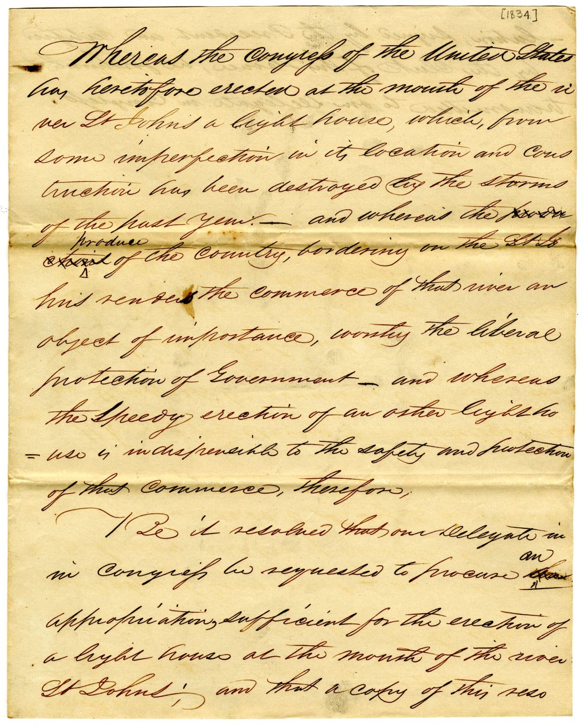 Resolution to the Florida Delegate in Congress Concerning Appropriations for a Lighthouse on the Saint Johns River, 1834