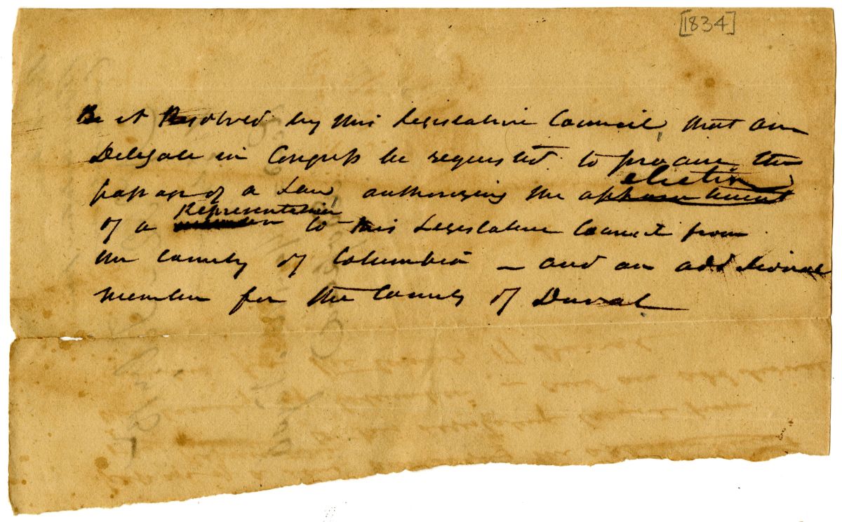 Resolution to the Florida Delegate in Congress Concerning Representation in Columbia and Duval Counties, 1834