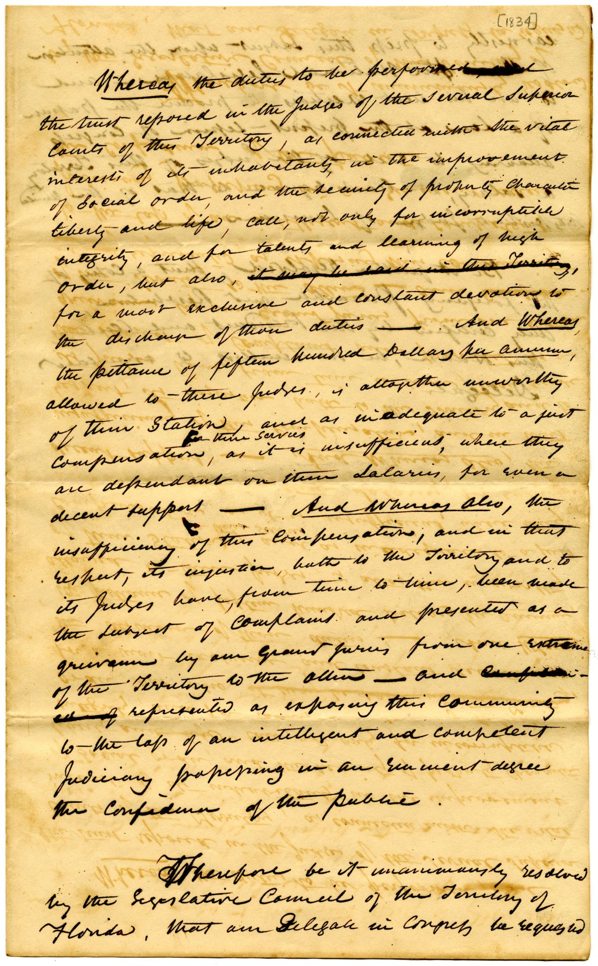 Resolution to the Florida Delegate in Congress Concerning the Passage of an Act Providing Salaries for Judges in Florida, 1834