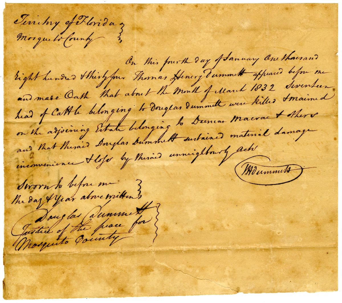 Affidavit of Thomas Henry Dummett Attesting that Douglas Dummett's Cattle Were Killed, 1834