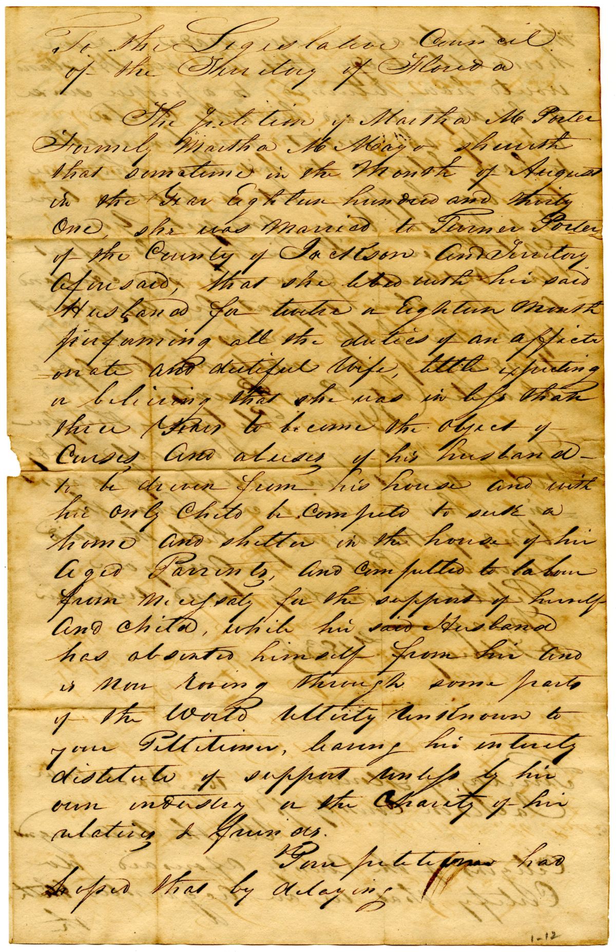 Divorce Petition of Martha M. Porter, 1834