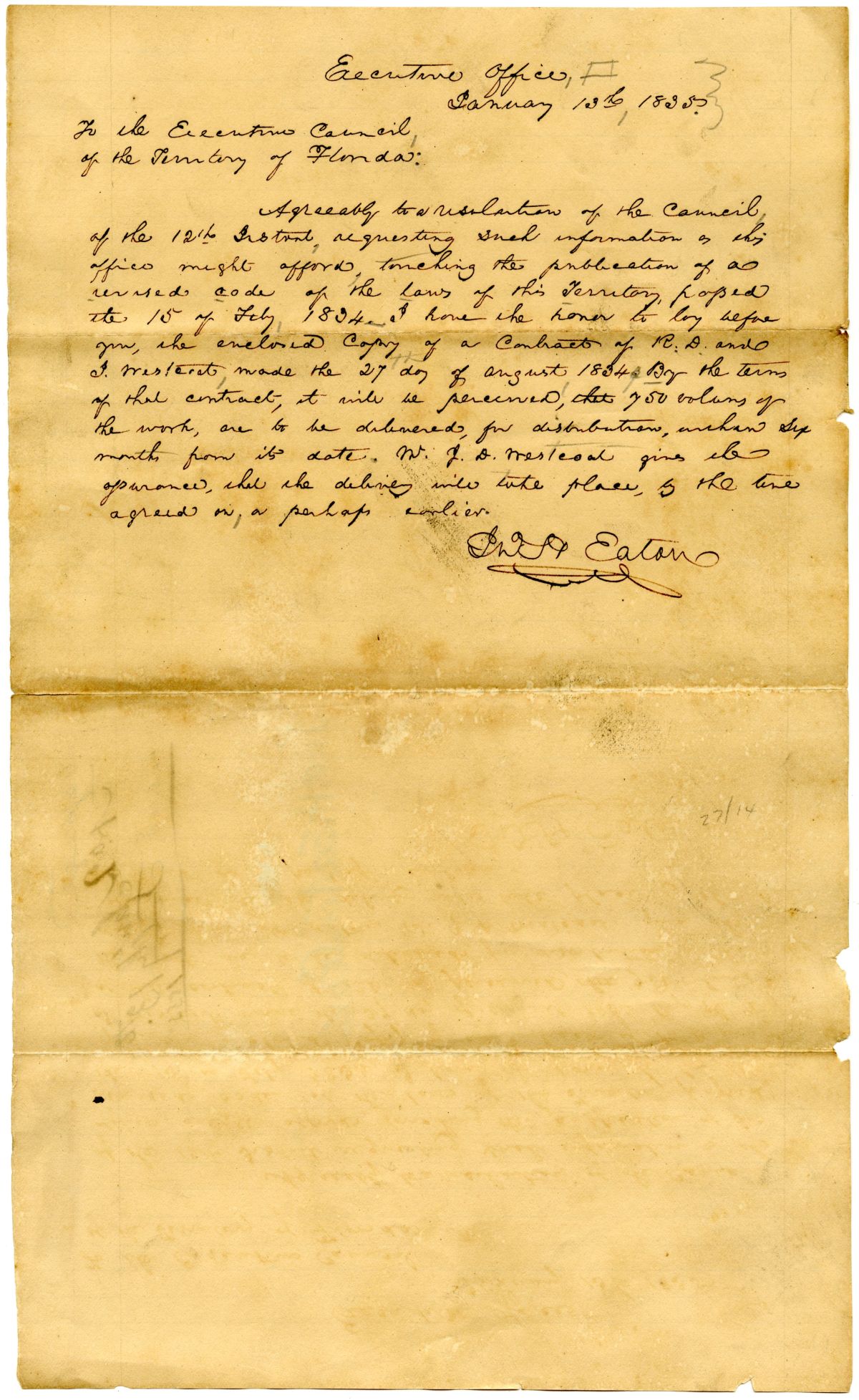 Letter from Governor John Eaton to the Territorial Legislative Council Concerning the Publication of Revised Laws, 1835