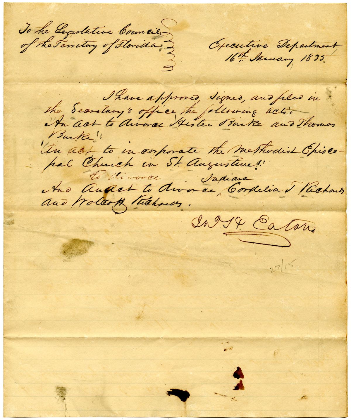 Letter from Governor John Eaton to the Territorial Legislative Council Concerning the Approval of Three Acts, 1835