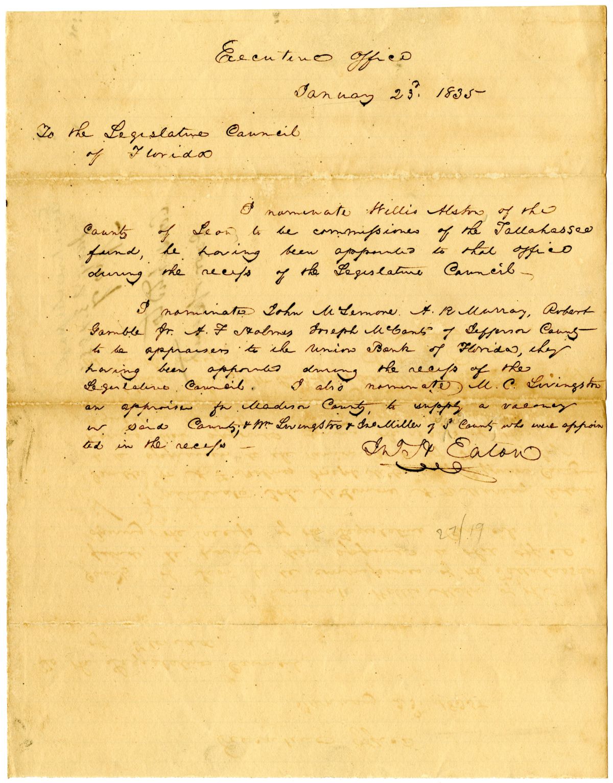 Letter from Governor John Eaton to the Territorial Legislative Council Nominating Certain Officers, 1835