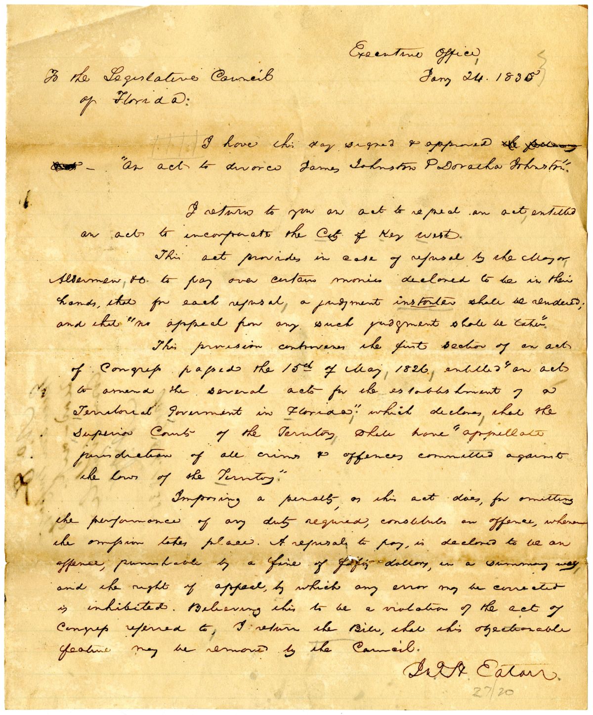 Letter from Governor John Eaton to the Territorial Legislative Council Concerning an Approved and Vetoed Bill, 1835