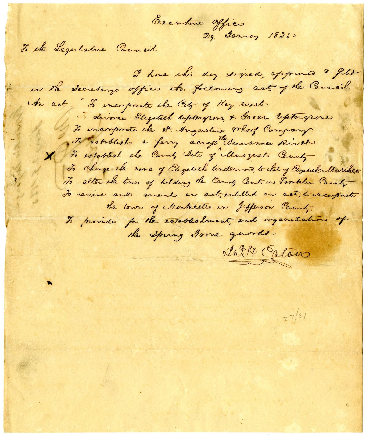 Letter from Governor John Eaton to the Territorial Legislative Council Concerning the Approval of Nine Acts, 1835