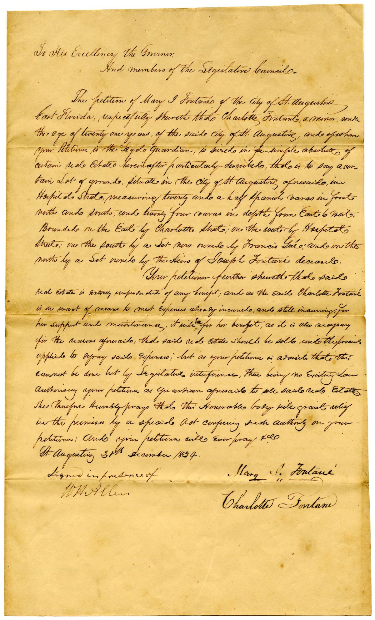 Petition of Mary J. Fontane Requesting Permission to Sell a Lot in Saint Augustine, 1835