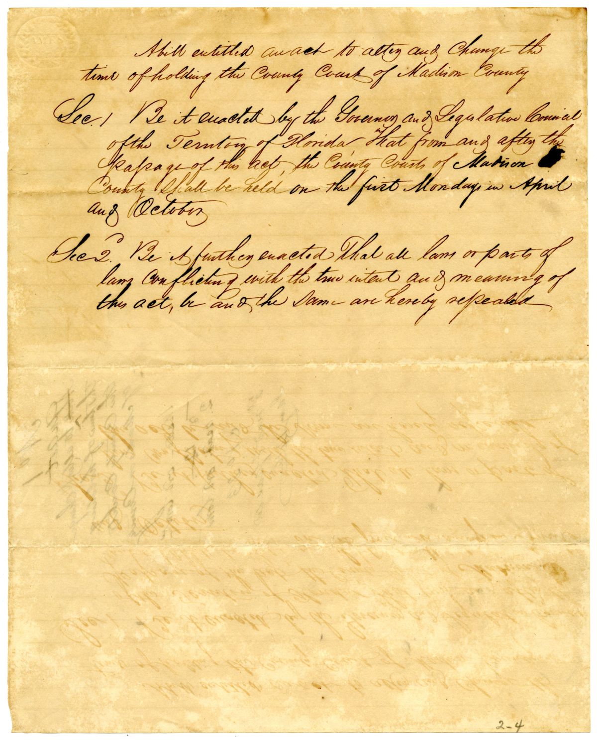 Draft of an Act to Change the Time of Holding the County Court of Madison County, 1836