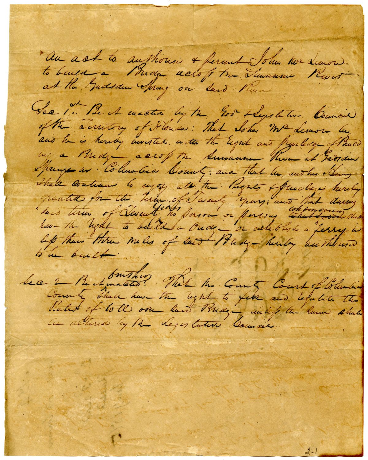 Draft of an Act to Authorize John McLemore to Build a Bridge Across the Suwannee River, 1836