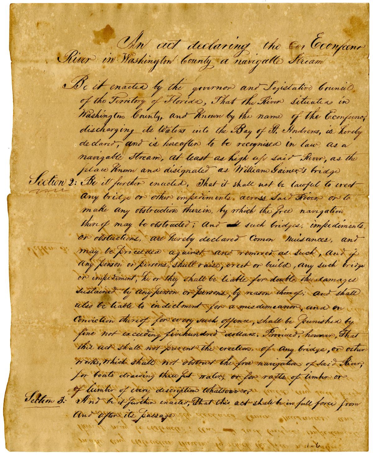 Draft of an Act Declaring the Econfeena River in Washington County a Navigable Stream, 1836