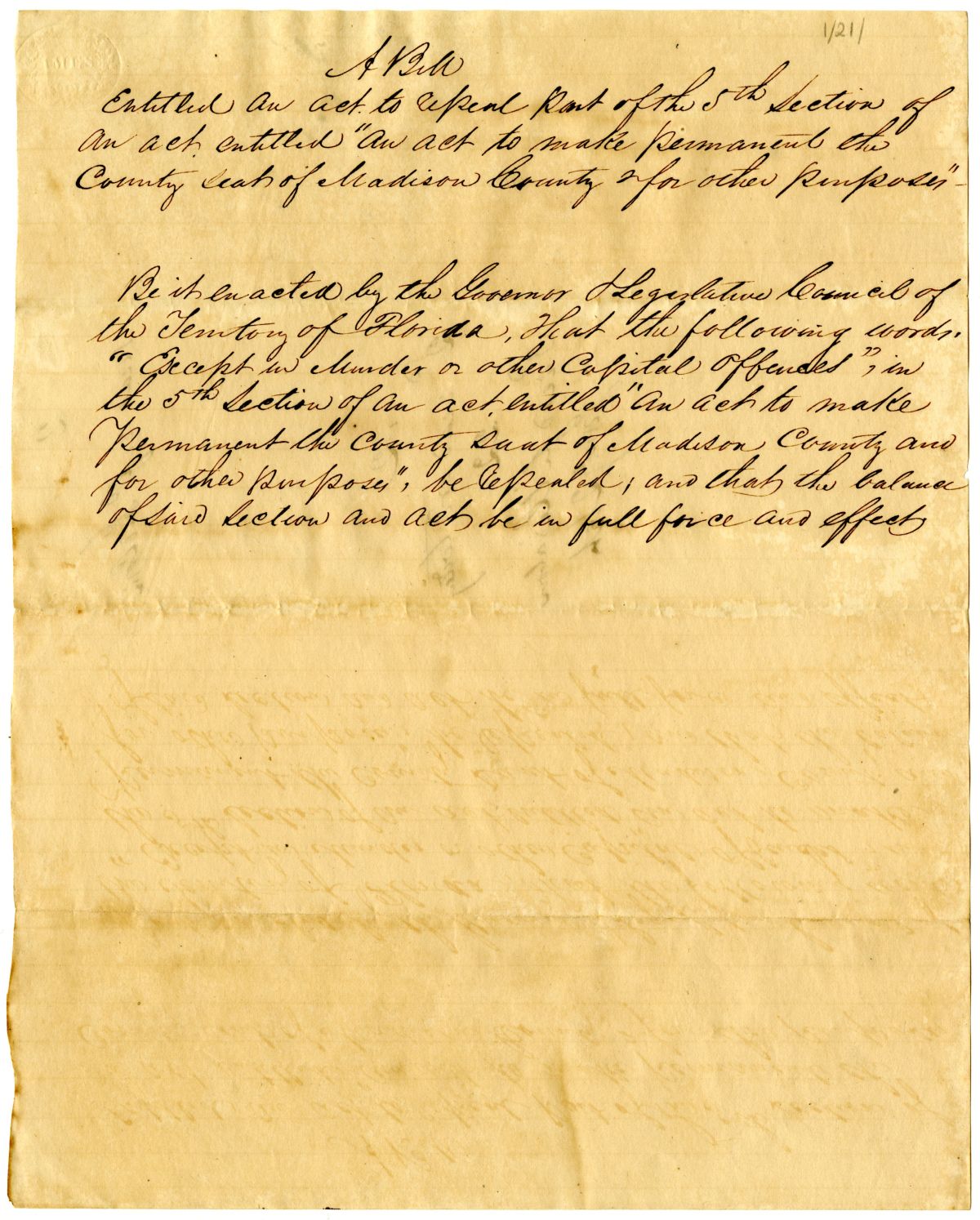 Draft of an Act to Repeal Part of an Act Concerning the County Seat of Madison County, 1836